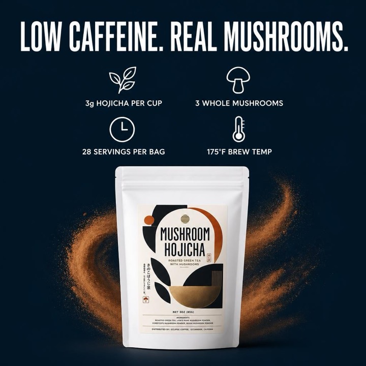 Hojicha mushroom benefits grid: low caffeine, 3 whole mushrooms, 28 servings, 175°F brew temp