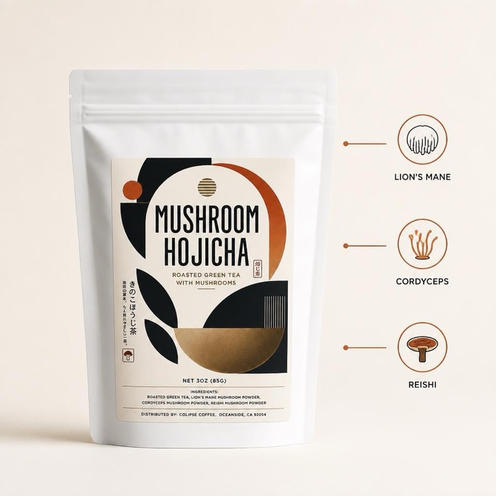 Hojicha mushroom ingredients callout: Lion's Mane, Cordyceps, and Reishi