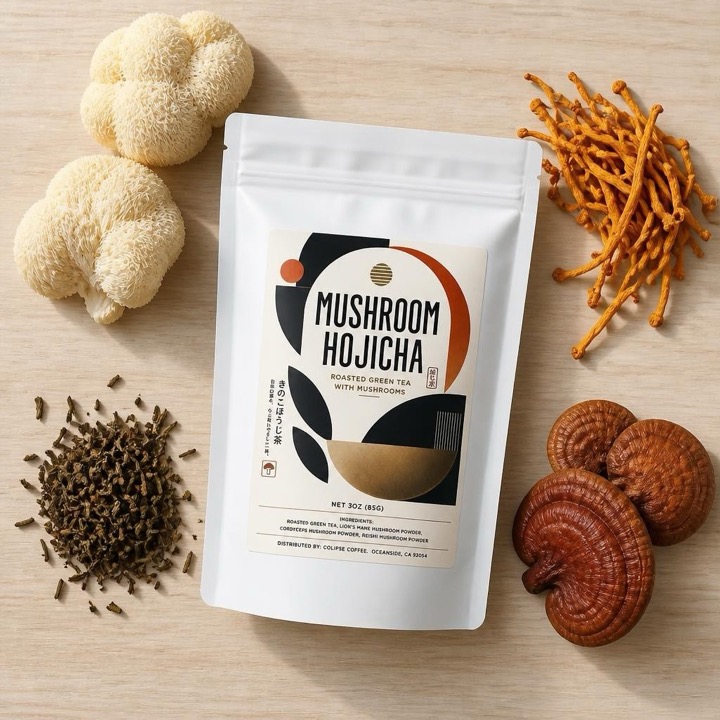 Hojicha with three mushrooms: Lion's Mane, Cordyceps, and Reishi alongside roasted tea leaves