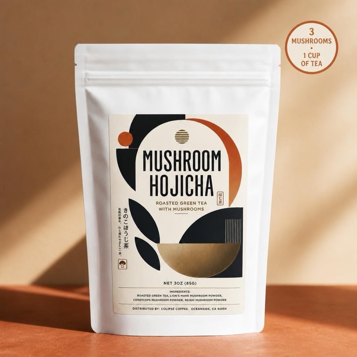Mushroom hojicha bag showing 3 mushrooms in every cup of tea
