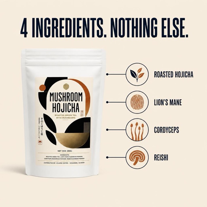 Mushroom-infused hojicha 4-ingredient breakdown: roasted hojicha, Lion's Mane, Cordyceps, and Reishi
