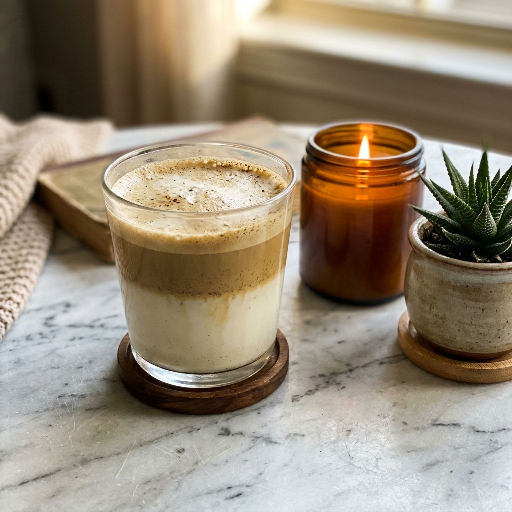 Mushroom hojicha latte in a glass cup on a marble table beside a candle and plant