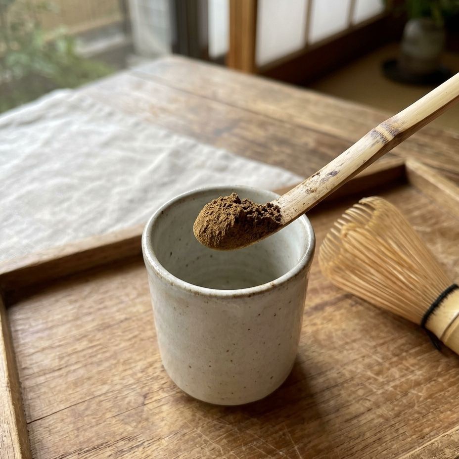Mushroom hojicha powder in bowls with a bamboo whisk